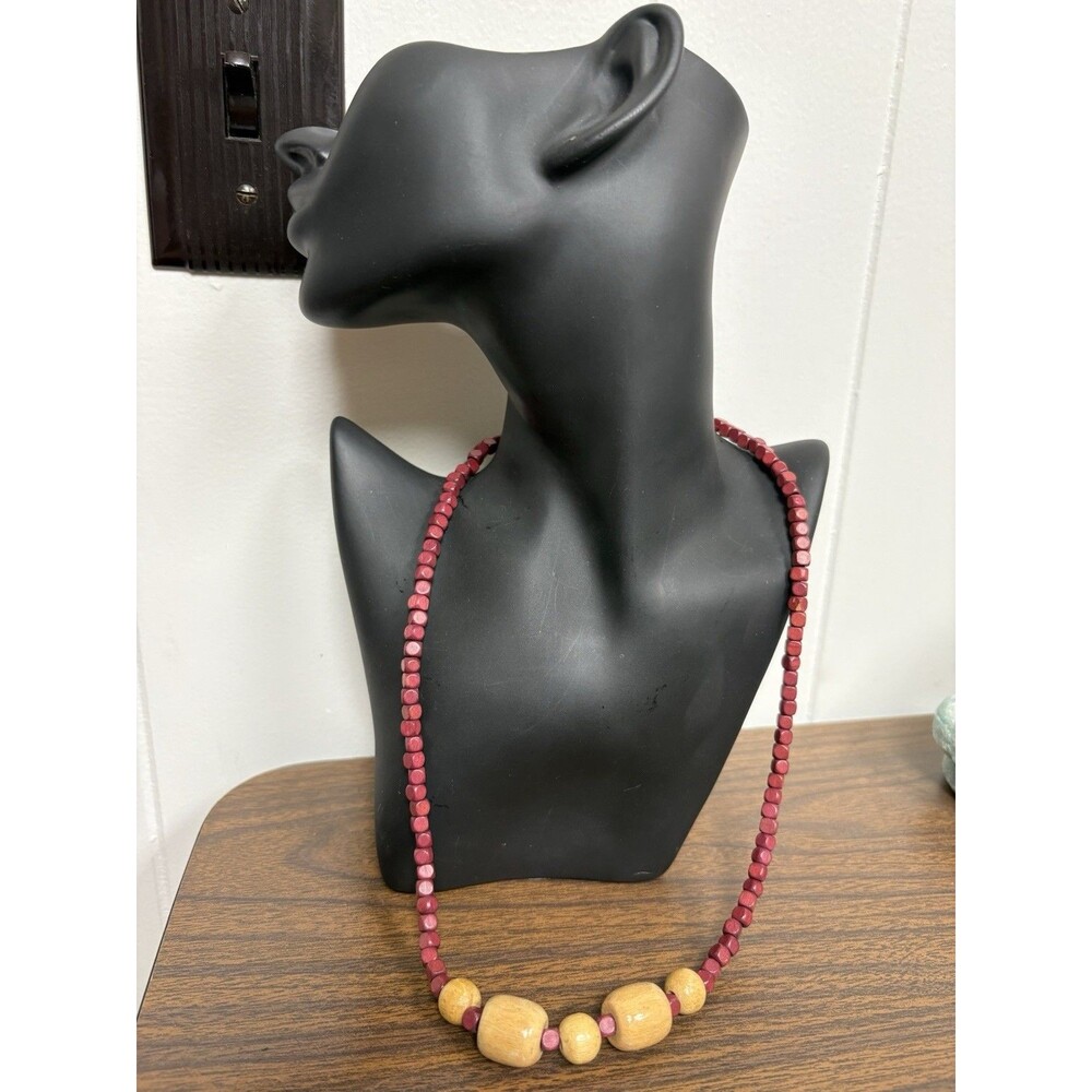 Boho Artisan Red Wood Bead Necklace w/ Natural Wood Accent Beads Eco Rustic